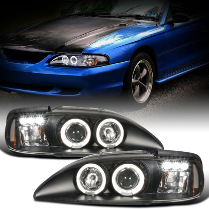 Ronnin - Fits 1994 -1998 Ford Mustang Upgrade LED Dual Rims Projector Headlights Replacement Assembly Pair | Black