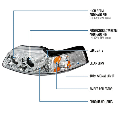 Ronnin - Fits 1999-2004 Ford Mustang Upgraded LED Dual Rims Projector Headlights Assembly Pair | Chrome