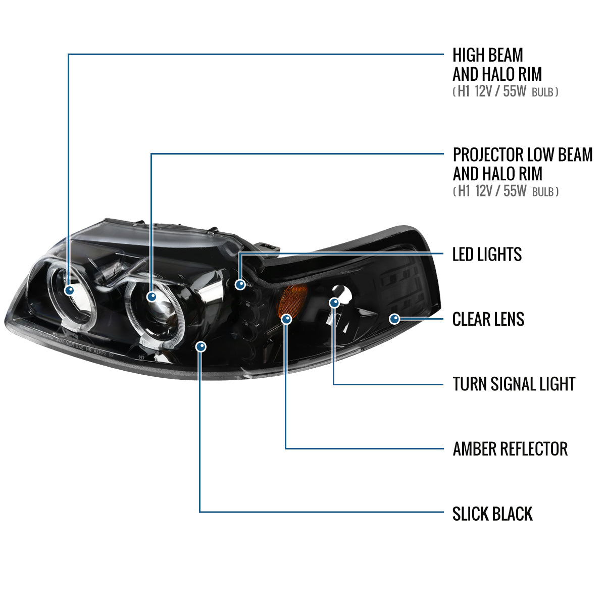 Ronnin - Fits 1999-2004 Ford Mustang Upgraded LED Dual Rims Projector Headlights Assembly Pair | Gloss Black
