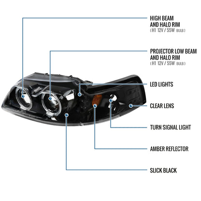 Ronnin - Fits 1999-2004 Ford Mustang Upgraded LED Dual Rims Projector Headlights Assembly Pair | Gloss Black