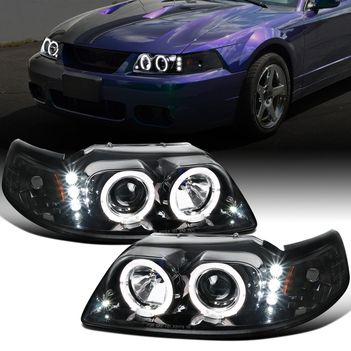 Ronnin - Fits 1999-2004 Ford Mustang Upgraded LED Dual Rims Projector Headlights Assembly Pair | Gloss Black