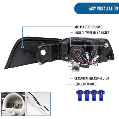 Ronnin - Fits 1999-2004 Ford Mustang Upgraded LED Dual Rims Projector Headlights Assembly Pair | Black Smoke