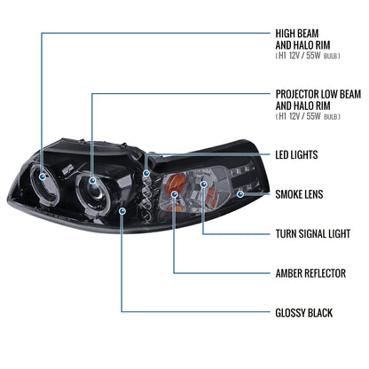 Ronnin - Fits 1999-2004 Ford Mustang Upgraded LED Dual Rims Projector Headlights Assembly Pair | Black Smoke