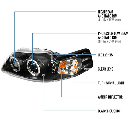 Ronnin - Fits 1999-2004 Ford Mustang Upgraded LED Dual Rims Projector Headlights Assembly Pair | Black