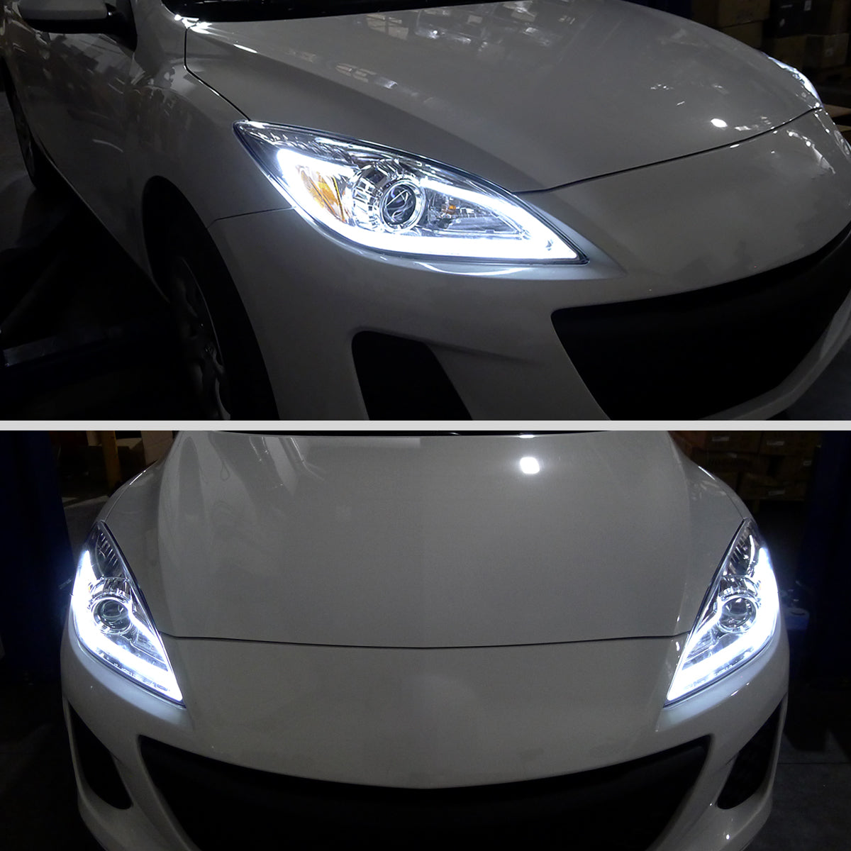 Ronnin - Fits 2010-2013 Mazda 3 Upgrade LED Running Lights Projector Halogen Headlights Assembly Pair | Chrome