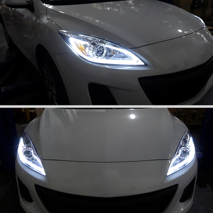 Ronnin - Fits 2010-2013 Mazda 3 Upgrade LED Running Lights Projector Halogen Headlights Assembly Pair | Chrome