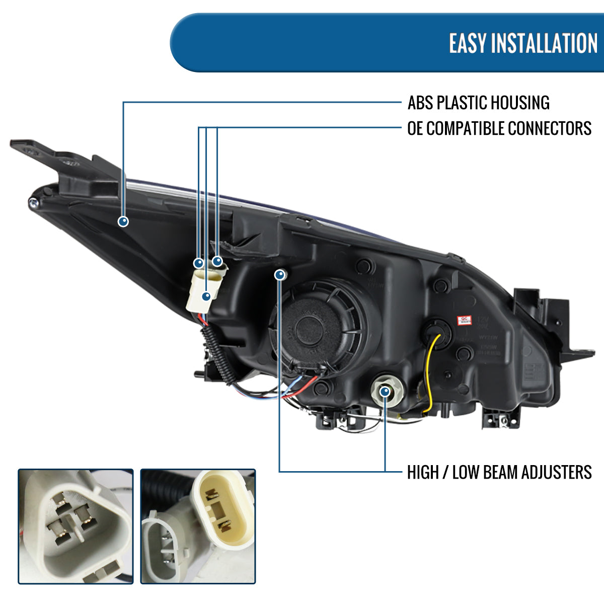 Ronnin - Fits 2010-2013 Mazda 3 Upgrade LED Running Lights Projector Halogen Headlights Assembly Pair | Chrome