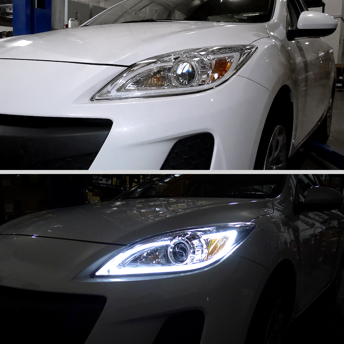 Ronnin - Fits 2010-2013 Mazda 3 Upgrade LED Running Lights Projector Halogen Headlights Assembly Pair | Chrome