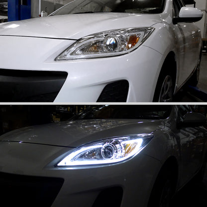 Ronnin - Fits 2010-2013 Mazda 3 Upgrade LED Running Lights Projector Halogen Headlights Assembly Pair | Chrome