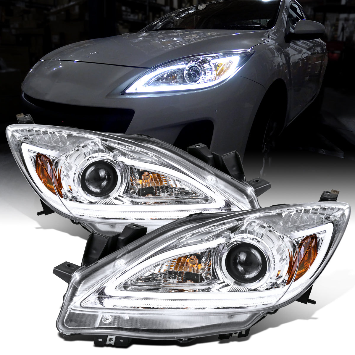 Ronnin - Fits 2010-2013 Mazda 3 Upgrade LED Running Lights Projector Halogen Headlights Assembly Pair | Chrome