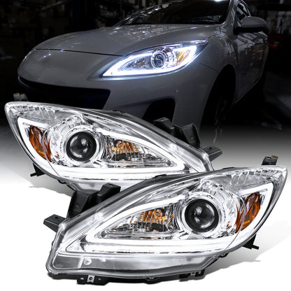 Ronnin - Fits 2010-2013 Mazda 3 Upgrade LED Running Lights Projector Halogen Headlights Assembly Pair | Chrome