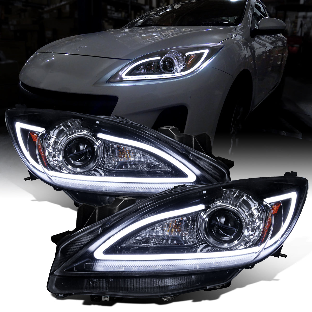 Ronnin - Fits 2010-2013 Mazda 3 Upgrade LED Running Lights Projector Halogen Headlights Assembly Pair | Black Smoke