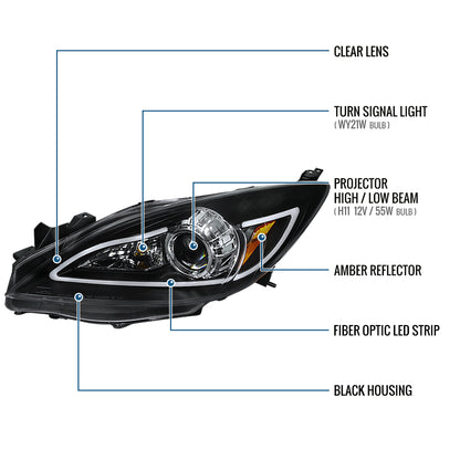 Ronnin - Fits 2010-2013 Mazda 3 Upgrade LED Running Lights Projector Halogen Headlights Assembly Pair | Black