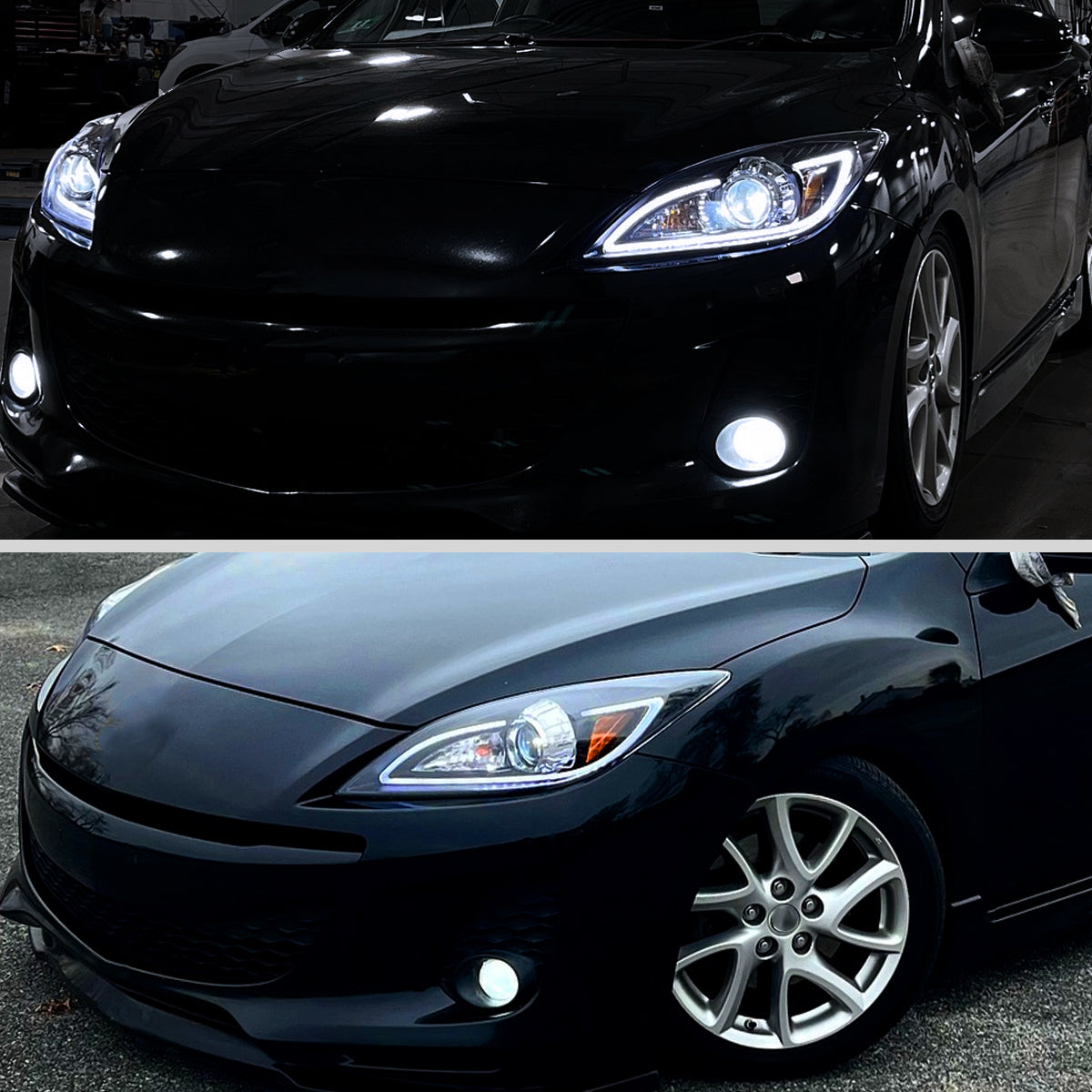 Ronnin - Fits 2010-2013 Mazda 3 Upgrade LED Running Lights Projector Halogen Headlights Assembly Pair | Black