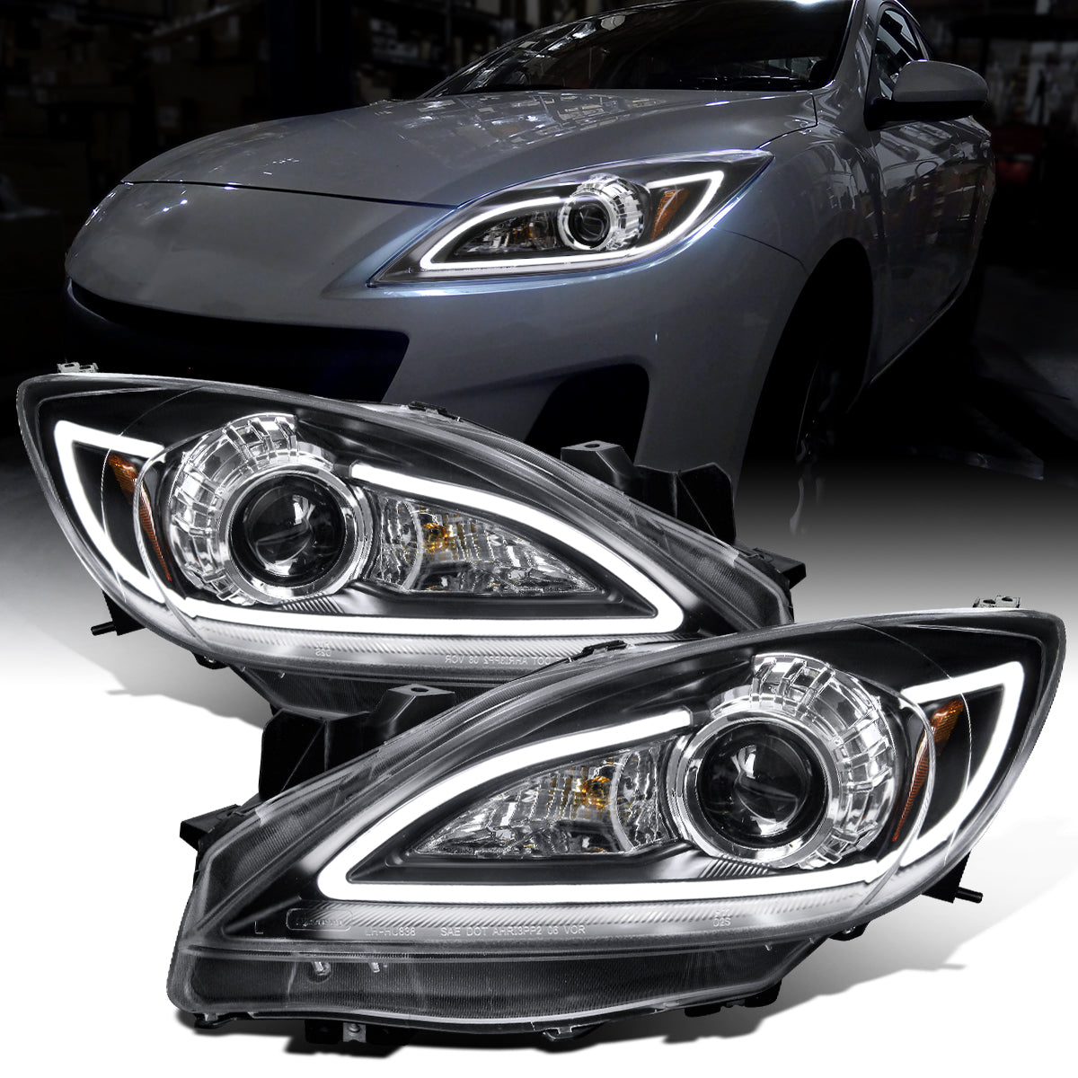 Ronnin - Fits 2010-2013 Mazda 3 Upgrade LED Running Lights Projector Halogen Headlights Assembly Pair | Black