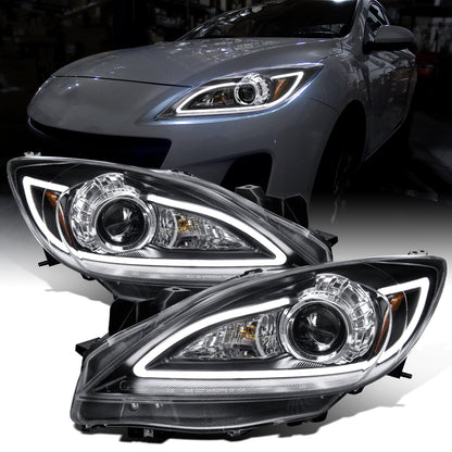 Ronnin - Fits 2010-2013 Mazda 3 Upgrade LED Running Lights Projector Halogen Headlights Assembly Pair | Black