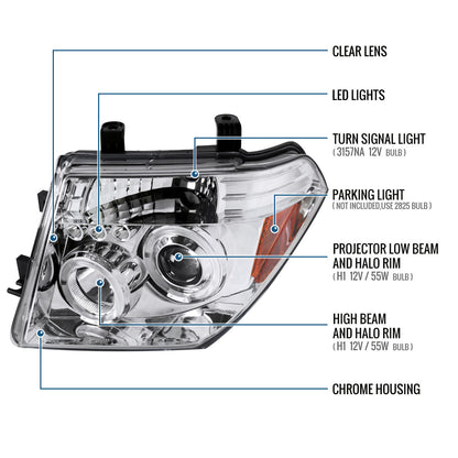 Ronnin - Fits 2005-2008 Nissan Pathfinder Frontier Upgraded LED Dual Rims Projector Headlights Assembly Pair | Chrome