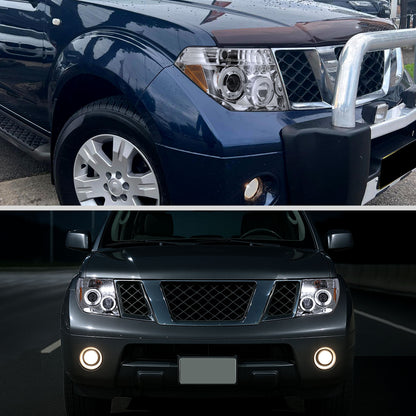 Ronnin - Fits 2005-2008 Nissan Pathfinder Frontier Upgraded LED Dual Rims Projector Headlights Assembly Pair | Chrome