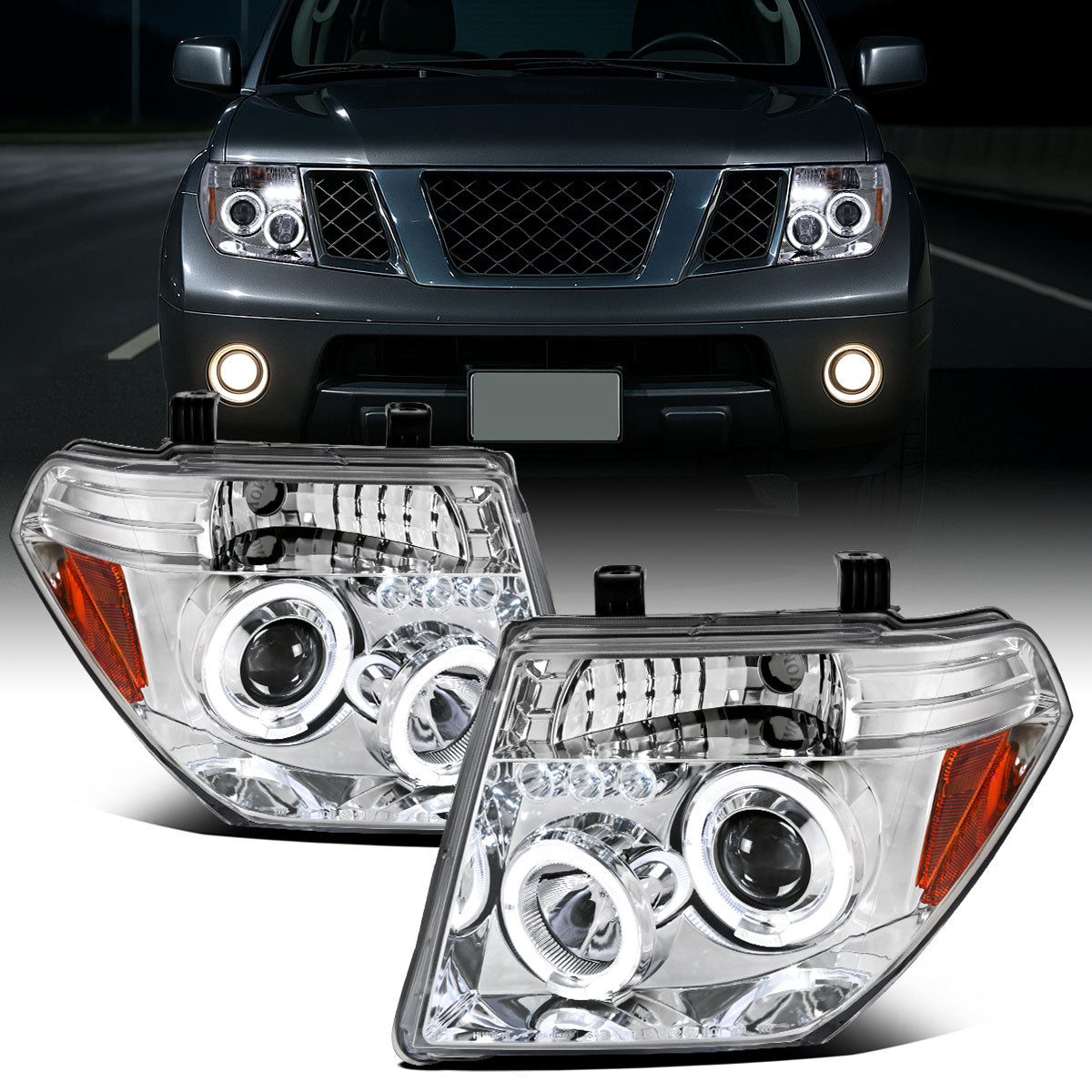 Ronnin - Fits 2005-2008 Nissan Pathfinder Frontier Upgraded LED Dual Rims Projector Headlights Assembly Pair | Chrome