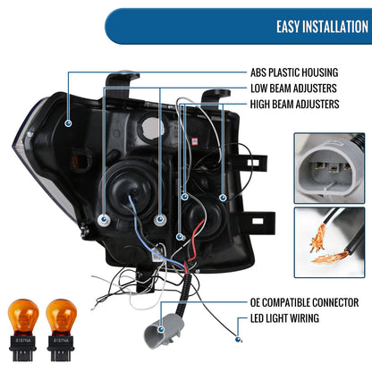 Ronnin - Fits 2005-2008 Nissan Pathfinder Frontier Upgraded LED Dual Rims Projector Headlights Assembly Pair | Gloss Black