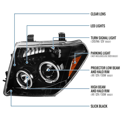 Ronnin - Fits 2005-2008 Nissan Pathfinder Frontier Upgraded LED Dual Rims Projector Headlights Assembly Pair | Gloss Black