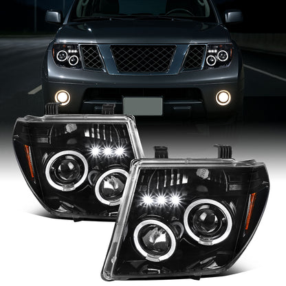 Ronnin - Fits 2005-2008 Nissan Pathfinder Frontier Upgraded LED Dual Rims Projector Headlights Assembly Pair | Gloss Black