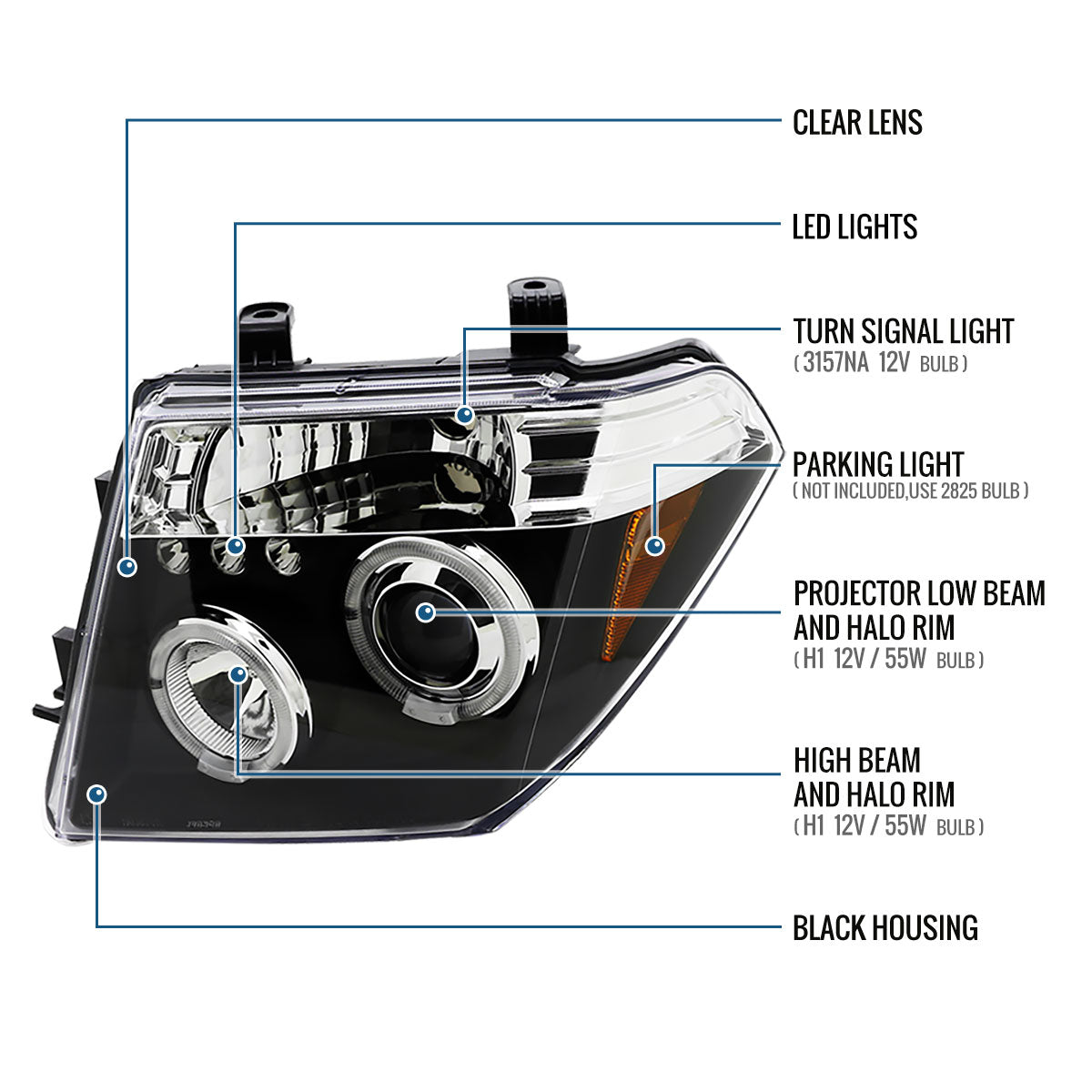 Ronnin - Fits 2005-2008 Nissan Pathfinder Frontier Upgraded LED Dual Rims Projector Headlights Assembly Pair | Black