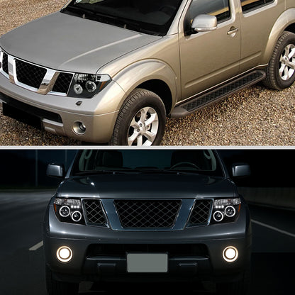 Ronnin - Fits 2005-2008 Nissan Pathfinder Frontier Upgraded LED Dual Rims Projector Headlights Assembly Pair | Black
