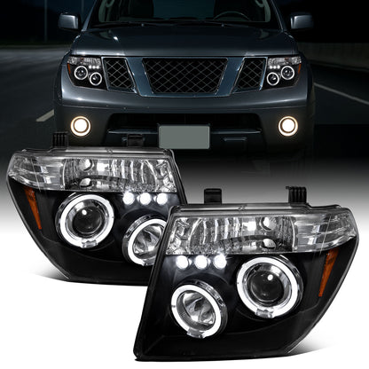 Ronnin - Fits 2005-2008 Nissan Pathfinder Frontier Upgraded LED Dual Rims Projector Headlights Assembly Pair | Black