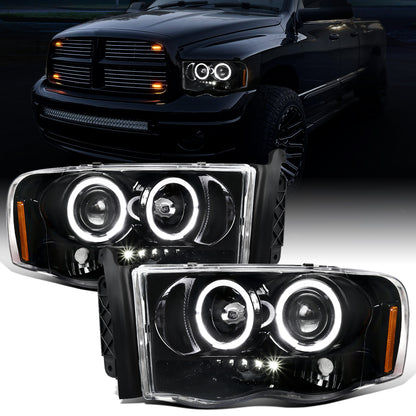 Ronnin - Fits 2002-2005 Dodge Ram 1500 2500 3500 Upgrade LED Dual Rims Projector Headlights Assembly Pair | Gloss Black