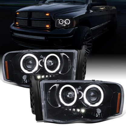 Ronnin - Fits 2002-2005 Dodge Ram 1500 2500 3500 Upgrade LED Dual Rims Projector Headlights Assembly Pair | Black Smoke