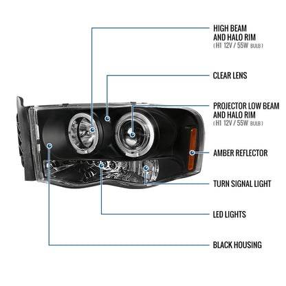 Ronnin - Fits 2002-2005 Dodge Ram 1500 2500 3500 Upgrade LED Dual Rims Projector Headlights Assembly Pair | Black