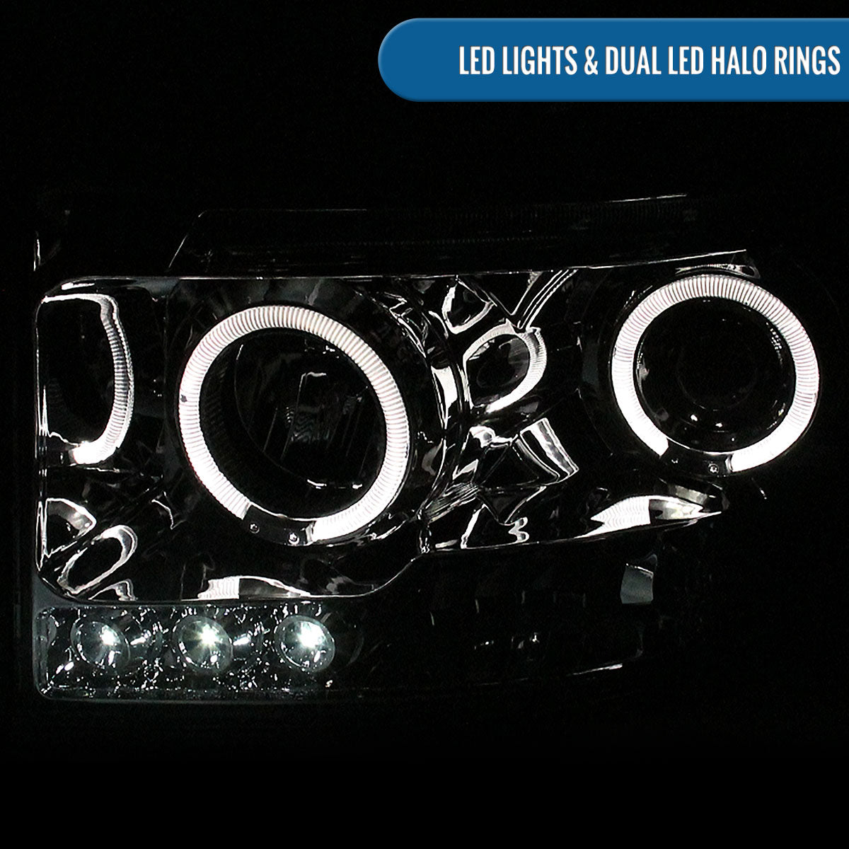 Ronnin - Fits 2006-2009 Dodge Ram 1500 2500 3500 Upgraded LED Dual Rims Projector Headlights Assembly Pair | Chrome