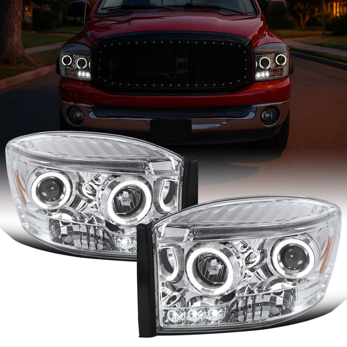 Ronnin - Fits 2006-2009 Dodge Ram 1500 2500 3500 Upgraded LED Dual Rims Projector Headlights Assembly Pair | Chrome