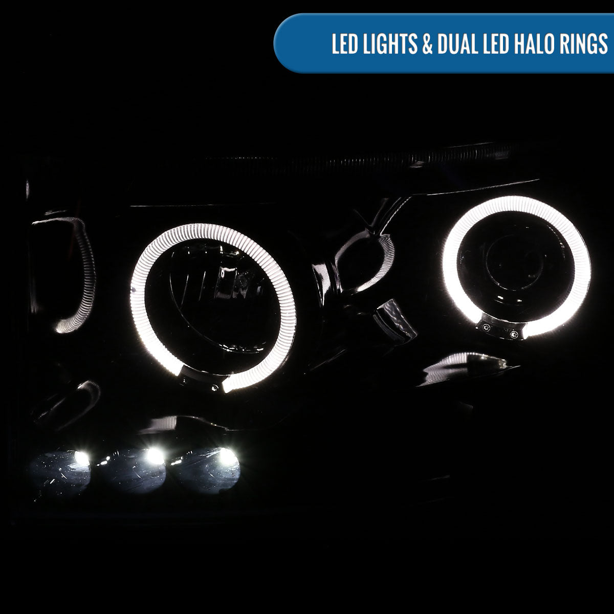 Ronnin - Fits 2006-2009 Dodge Ram 1500 2500 3500 Upgraded LED Dual Rims Projector Headlights Assembly Pair | Gloss Black