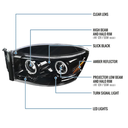 Ronnin - Fits 2006-2009 Dodge Ram 1500 2500 3500 Upgraded LED Dual Rims Projector Headlights Assembly Pair | Gloss Black