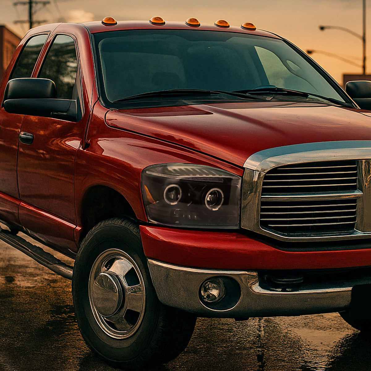 Ronnin - Fits 2006-2009 Dodge Ram 1500 2500 3500 Upgraded LED Dual Rims Projector Headlights Assembly Pair | Gloss Black