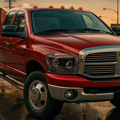 Ronnin - Fits 2006-2009 Dodge Ram 1500 2500 3500 Upgraded LED Dual Rims Projector Headlights Assembly Pair | Gloss Black