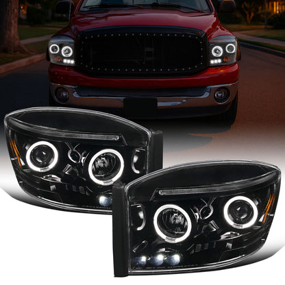 Ronnin - Fits 2006-2009 Dodge Ram 1500 2500 3500 Upgraded LED Dual Rims Projector Headlights Assembly Pair | Gloss Black