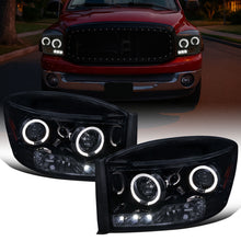 Ronnin - Fits 2006-2009 Dodge Ram 1500 2500 3500 Upgraded LED Dual Rims Projector Headlights Assembly Pair | Black Smoke