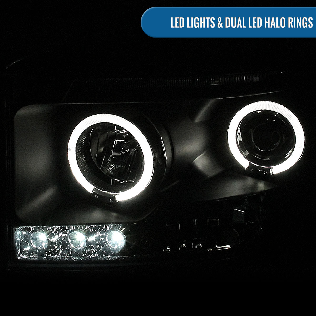 Ronnin - Fits 2006-2009 Dodge Ram 1500 2500 3500 Upgraded LED Dual Rims Projector Headlights Assembly Pair | Black