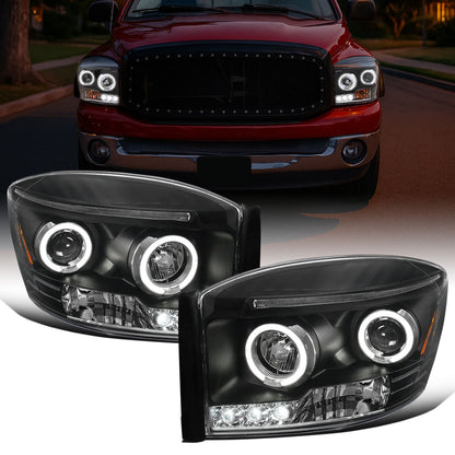 Ronnin - Fits 2006-2009 Dodge Ram 1500 2500 3500 Upgraded LED Dual Rims Projector Headlights Assembly Pair | Black