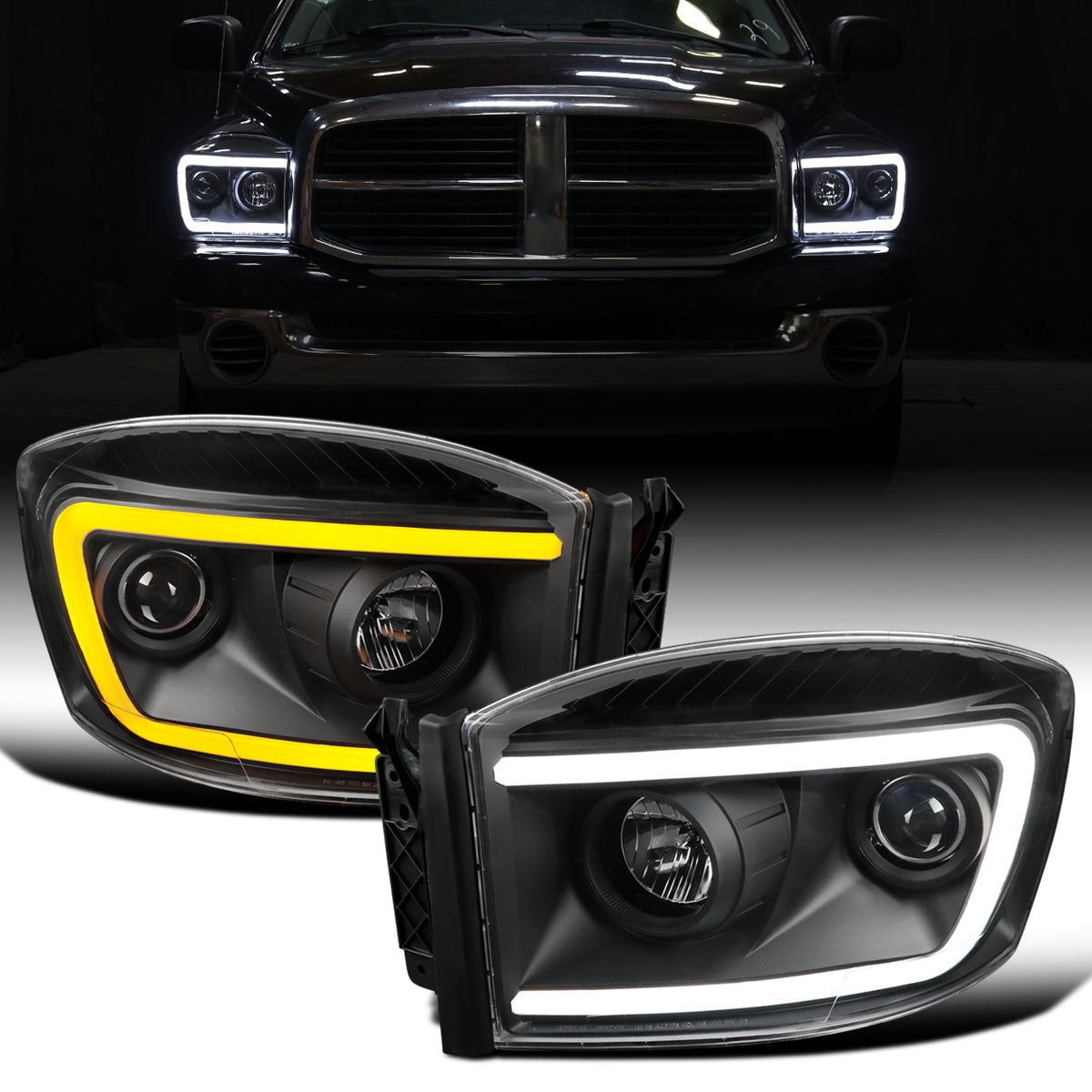 Ronnin - Fits 2006-2009 Dodge Ram 1500 2500 3500 Upgraded Switchback LED Turn Signals Projector Headlights Assembly Pair | Black