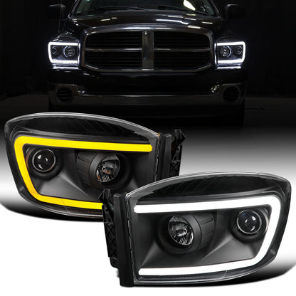 Ronnin - Fits 2006-2009 Dodge Ram 1500 2500 3500 Upgraded Switchback LED Turn Signals Projector Headlights Assembly Pair | Black