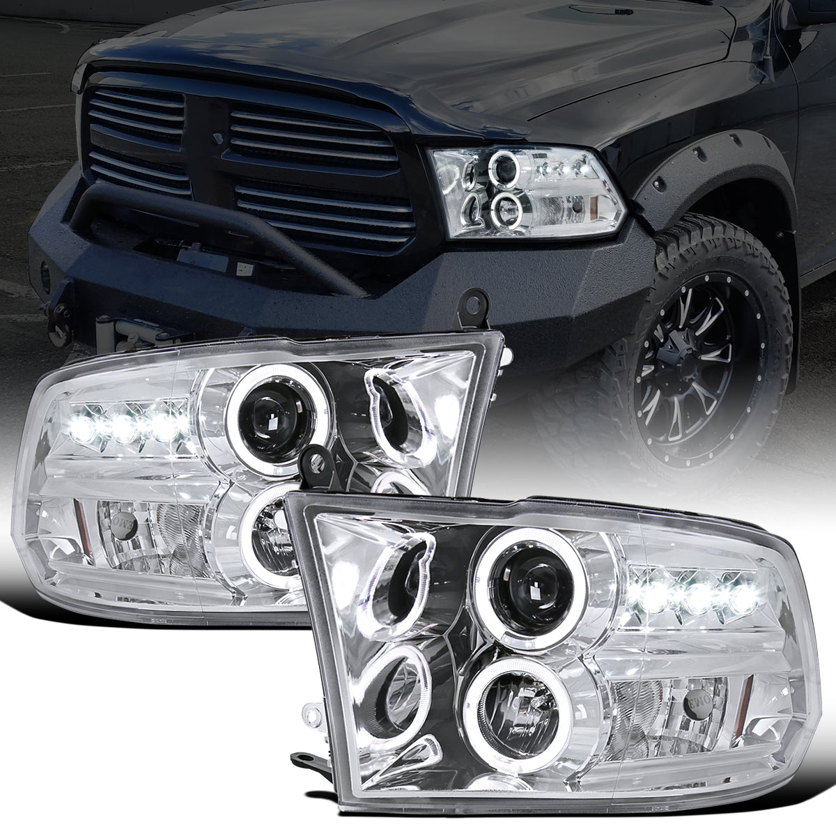 Ronnin - Fits 2009-2018 Ram 1500 2500 3500 2019-2024 Ram 1500 Classic LED Dual Halo Rims Running Lights Halogen Projector Headlights Assembly Pair | Chrome