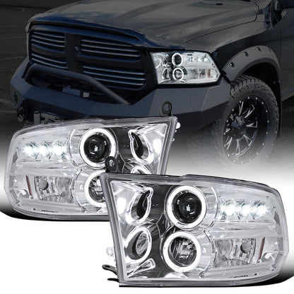 Ronnin - Fits 2009-2018 Ram 1500 2500 3500 2019-2024 Ram 1500 Classic LED Dual Halo Rims Running Lights Halogen Projector Headlights Assembly Pair | Chrome