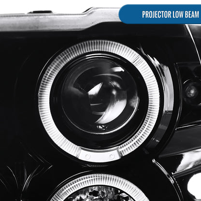 Ronnin - Fits 2009-2018 Ram 1500 2500 3500 2019-2024 Ram 1500 Classic LED Dual Halo Rims Running Lights Halogen Projector Headlights Assembly Pair | Glossy Black