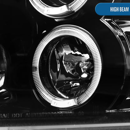 Ronnin - Fits 2009-2018 Ram 1500 2500 3500 2019-2024 Ram 1500 Classic LED Dual Halo Rims Running Lights Halogen Projector Headlights Assembly Pair | Glossy Black