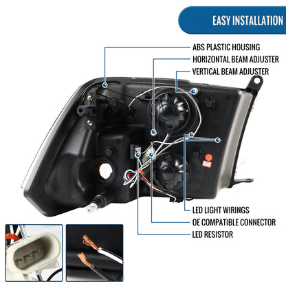 Ronnin - Fits 2009-2018 Ram 1500 2500 3500 2019-2024 Ram 1500 Classic LED Dual Halo Rims Running Lights Halogen Projector Headlights Assembly Pair | Glossy Black
