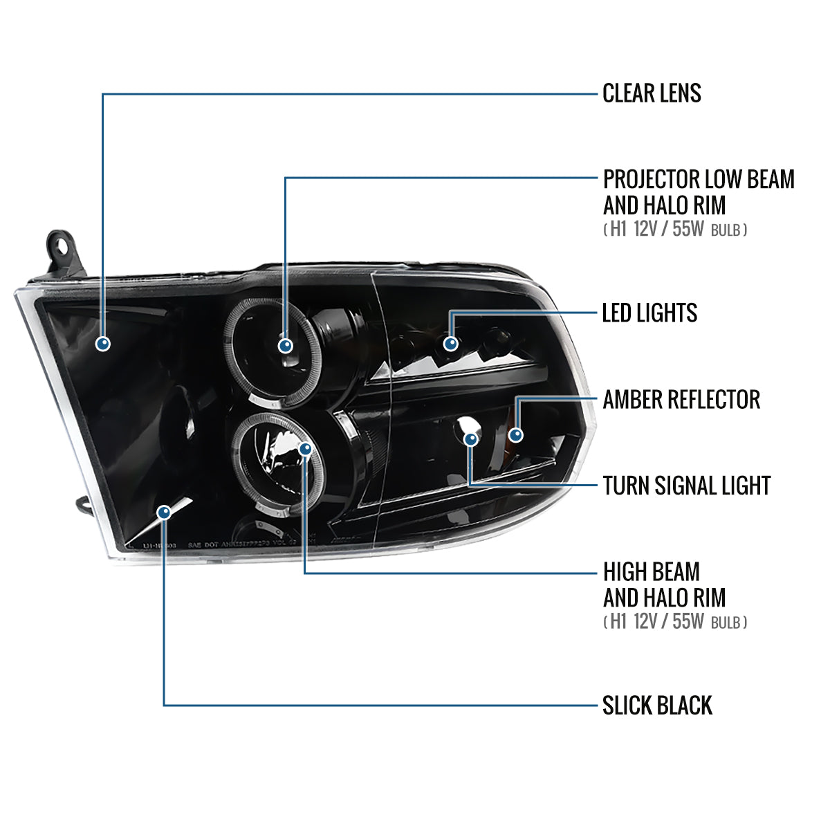 Ronnin - Fits 2009-2018 Ram 1500 2500 3500 2019-2024 Ram 1500 Classic LED Dual Halo Rims Running Lights Halogen Projector Headlights Assembly Pair | Glossy Black